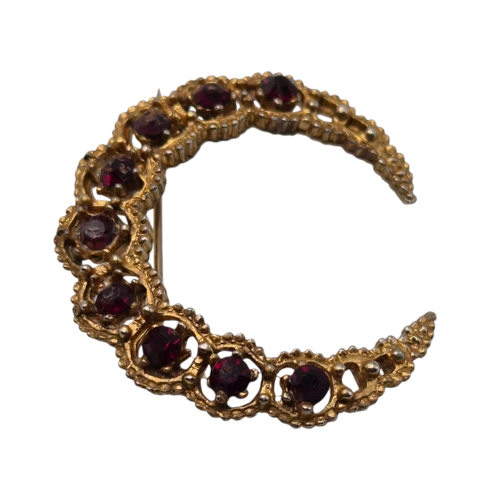 Vintage Garnet Red Rhinestone Crescent Moon Brooch Gold Tone Pin